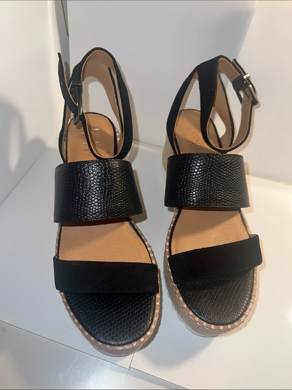 Crown Vintage Black Textured & Suede Platform Ankle-Strap Sandals